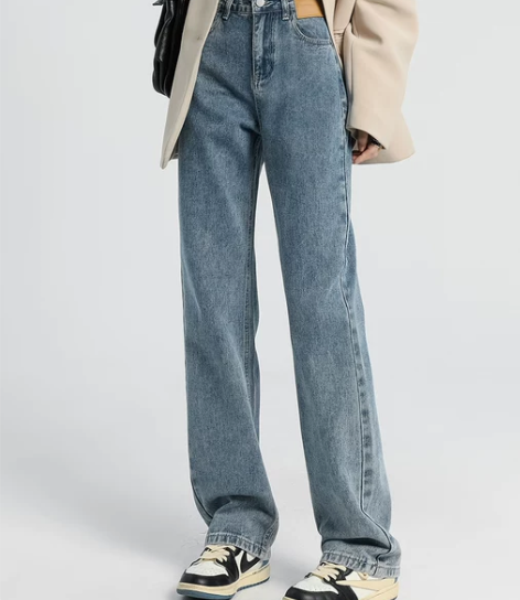 复古直筒牛仔裤女春秋高腰显瘦小个子阔腿拖地...