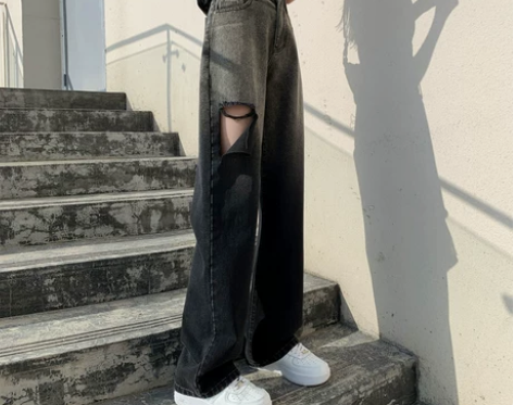 破洞渐变牛仔裤女2022年新款直筒宽松设计...