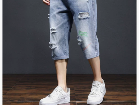 963七分牛仔裤男夏季薄款潮牌ins破洞中...