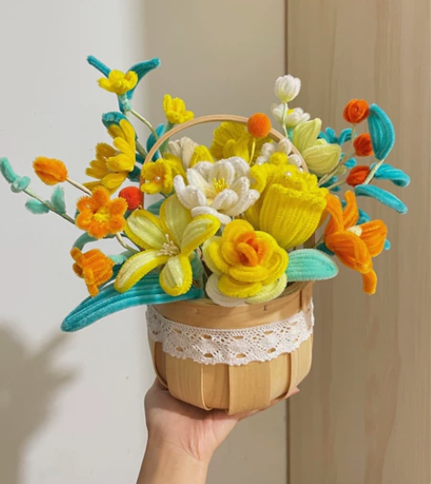 黄色系扭扭棒花篮定制 制作周期一周～也可以...