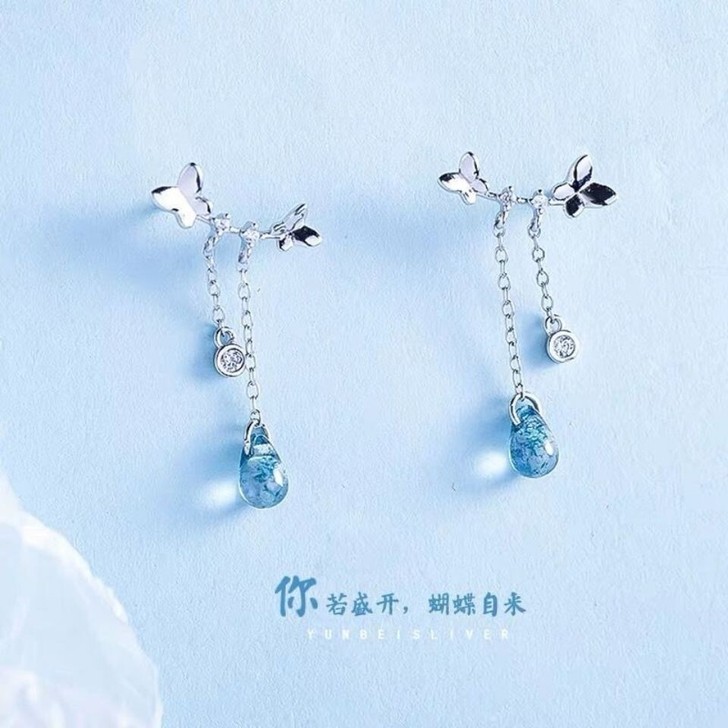 全新 925纯银蝴蝶耳钉女流苏防过敏，可以...