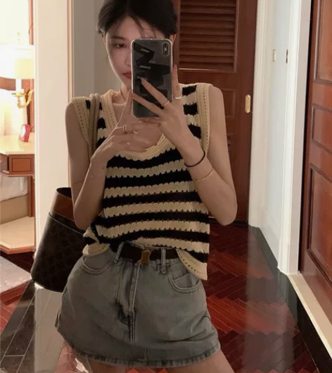 全新港味韩系chic条纹针织背心女夏季外穿...