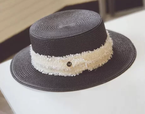 黑色小沿平顶草帽女沙滩小檐礼帽海边度假草编...