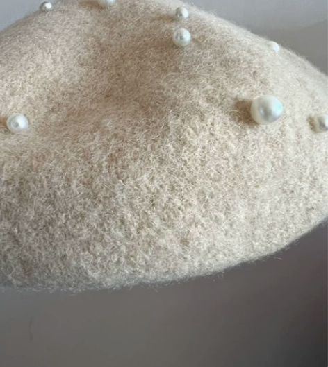 珍珠贝雷帽子女秋冬钉珠羊毛呢帽百搭蓓蕾帽优...