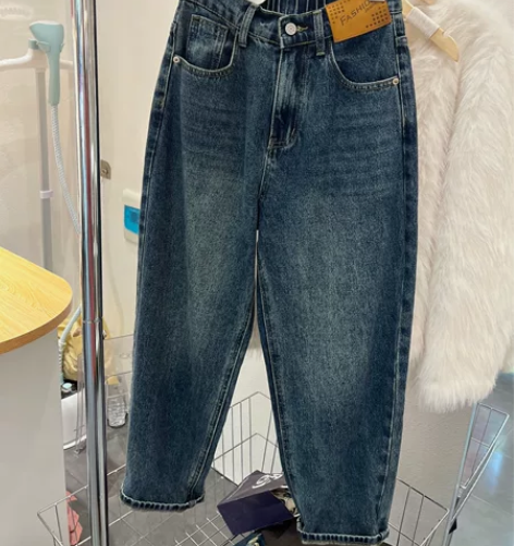 复古蓝色牛仔裤女秋季2022新款高腰直筒阔...