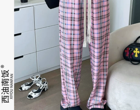 西油南饭 2022夏季新款复古抽绳格子直筒...