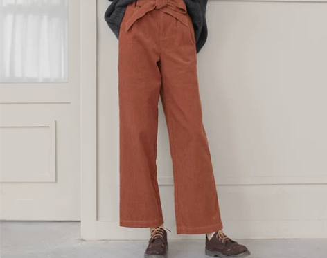 忽而向晚/自制 复古系带灯芯绒阔腿裤女 高...