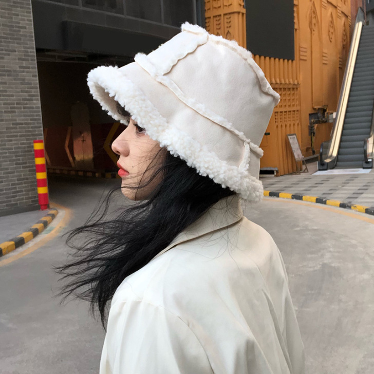 帽子女秋冬天韩版百搭网红加绒羊羔毛渔夫帽保...