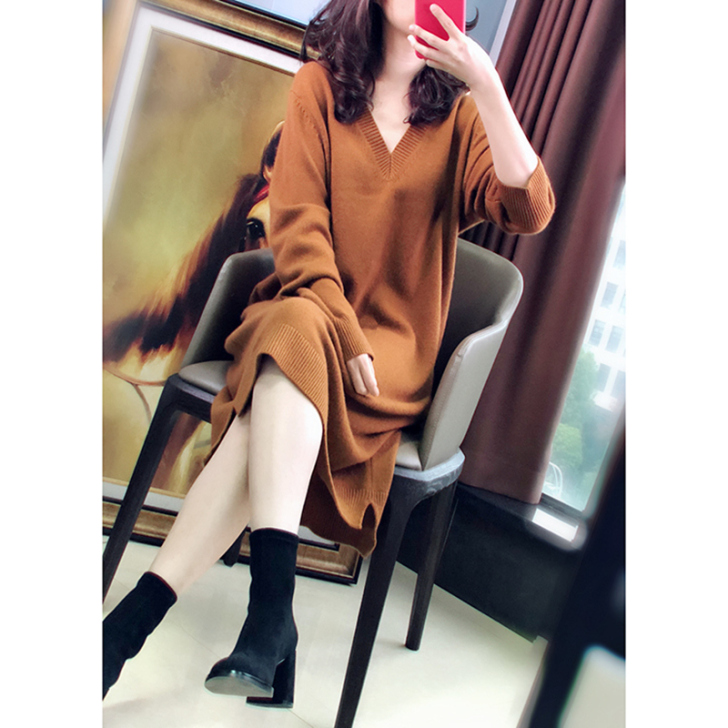 欧美范新品秋冬中长款V领羊绒衫女打底宽松毛...