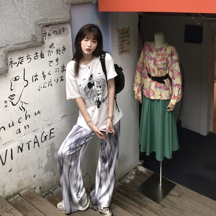 扎染拖地裤高腰垂感褶皱休闲裤宽松显瘦阔腿裤...