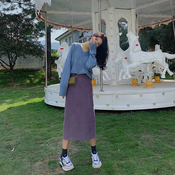 范智乔紫色灯芯绒半身裙女中长款秋冬天配毛衣...