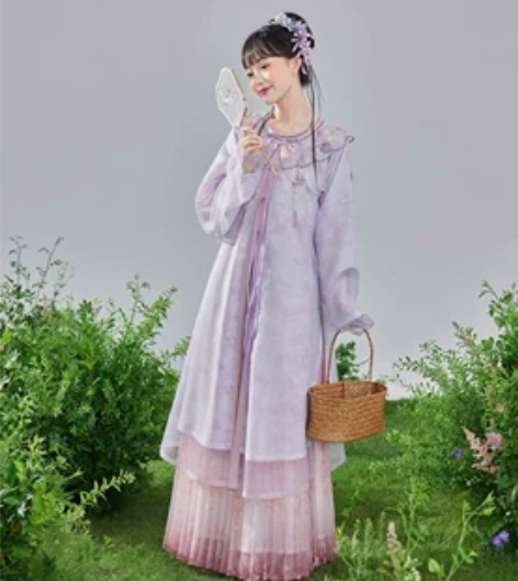 七月夕汉服明制 午后花园 圆领对襟印花长衫...