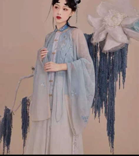 七月夕 蓝靛 明制立领绣花长衫仿黄昇墓吊带...