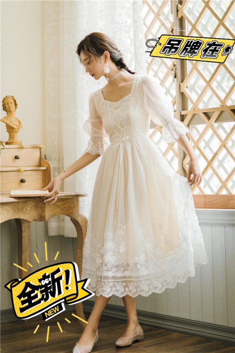 法式复古过膝长裙很仙的法国小众桔梗裙连衣裙...