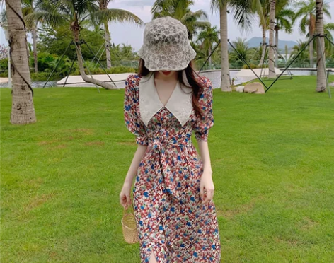 法式少女桔梗初恋泡泡袖长裙赫本风rouje...