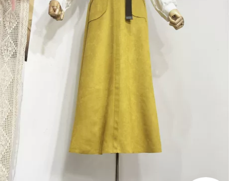 ?长裙女秋冬麂皮绒及踝半身裙高腰双口袋A字...