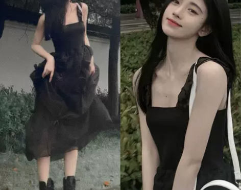 鞠婧祎同款黑色吊带连衣裙女2022夏季新品...