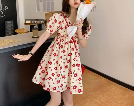 油画连衣裙收腰a字夏泡泡袖蓬蓬裙青春少女褶...