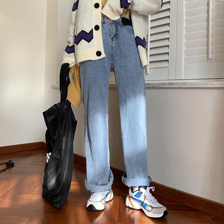 丁羊筠 牛仔裤女高腰直筒宽松百搭显瘦小个子...