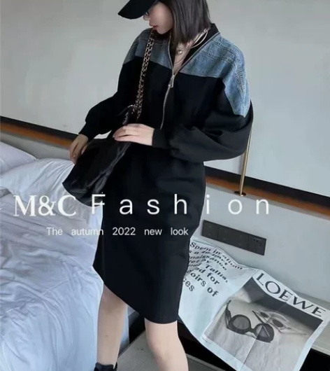 黑色牛仔拼接复古连衣裙女拉链收腰显瘦港风长...