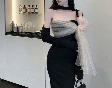 晚礼服裙女宴会气质法式黑色抹胸挂脖连衣裙女...