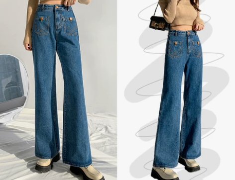 高腰阔腿牛仔裤女直筒宽松垂坠感深蓝色复古港...