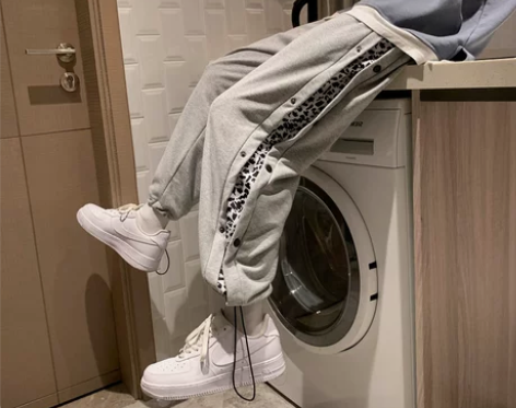 国潮侧边排扣裤豹纹休闲裤男嘻哈潮牌ins宽...