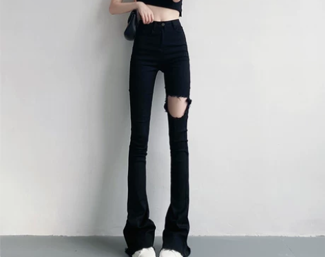 夏季高腰显瘦薄款黑色破洞微喇叭牛仔裤女 感...