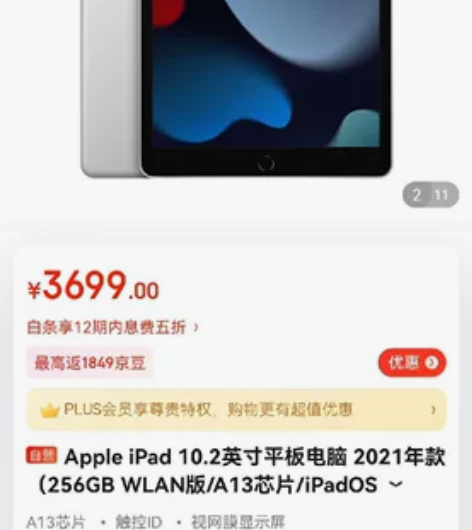 Apple iPad 10.2英寸平板电脑...