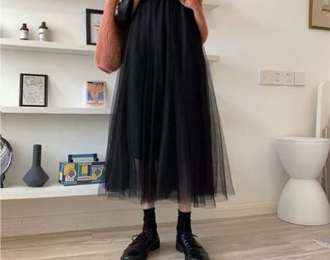 秋季小个子网纱半身裙遮胯过膝中长a字裙春秋...