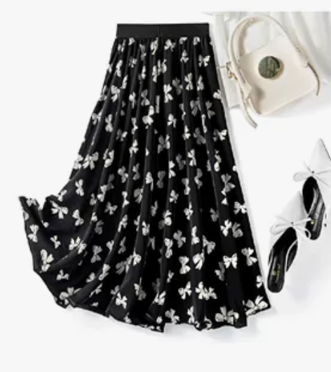 复古蝴蝶印花松紧腰显瘦A字裙女中长款休闲半...