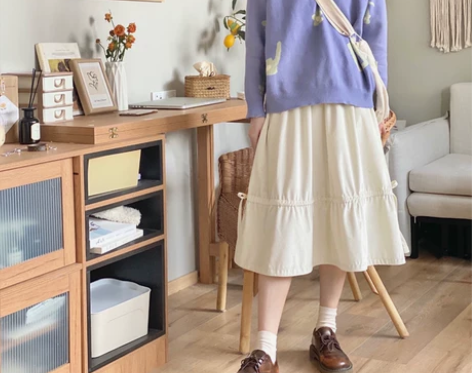 楞之岛日系小个子松紧腰秋冬灯芯绒蝴蝶结半身...