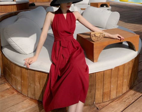 复古港风 女神同款 挂脖无袖高腰气质红色中...