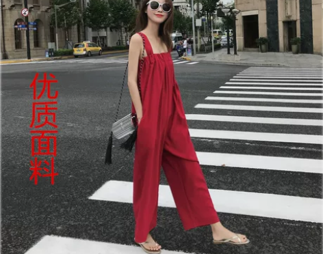 ins超火的红色抹胸吊带连体裤女夏2018...