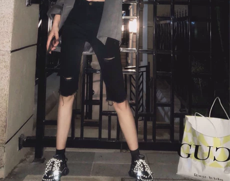 【狂欢价】五分牛仔裤女夏高腰弹力中裤紧身显...