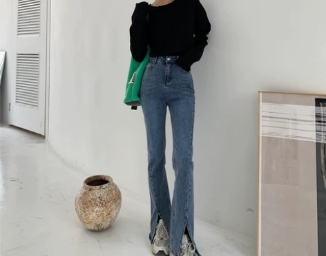 【狂欢价】高腰微喇开叉牛仔裤女九分小个子显...