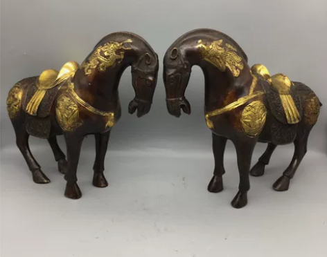 古玩铜器收藏鎏金龙凤马一对文房博古架摆件 ...