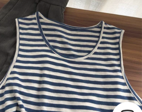 复古条纹 夏日海军蓝休闲宽松背心女夏季慵懒...