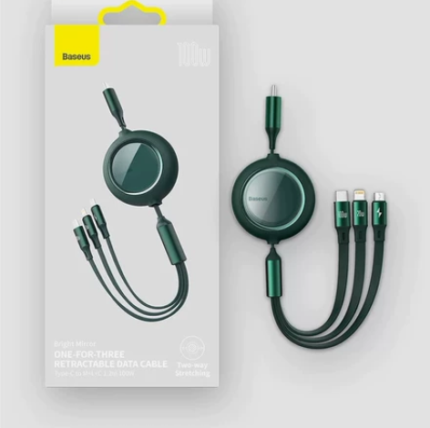 倍思一拖三伸缩充电线100W适用苹果安卓t...