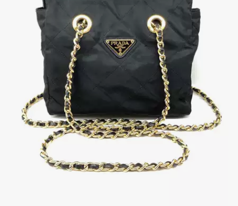 95Prada/普拉达 中古黑金菱格纹小号...