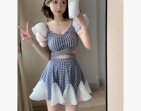 全新千鸟格ins超仙分体两件套泳衣女夏保守...