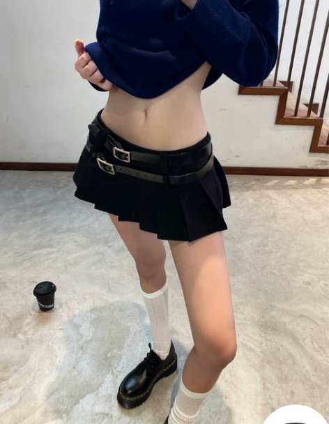 双腰头腰袢黑色防走光百褶裙欧美甜酷风超短低...