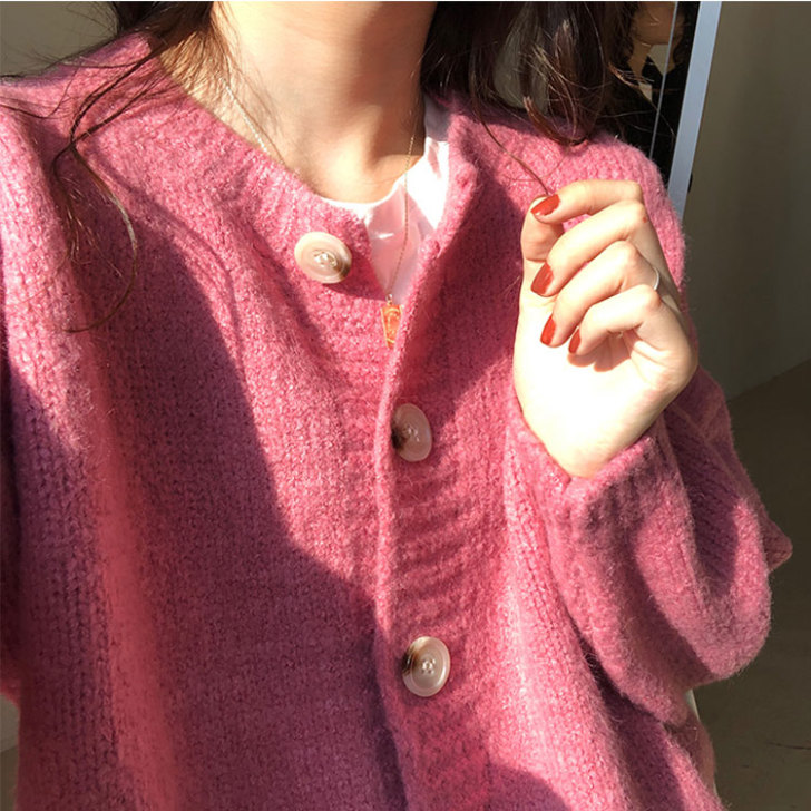 水蜜桃粉色毛衣针织开衫外套女宽松外穿慵懒春...