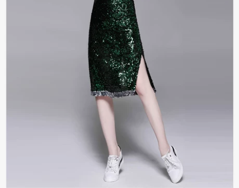 绿色亮片半身裙 墨绿色珠光裙 一步裙中裙 ...