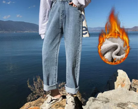 老爹加绒牛仔裤女秋冬季2022新款阔腿宽松...