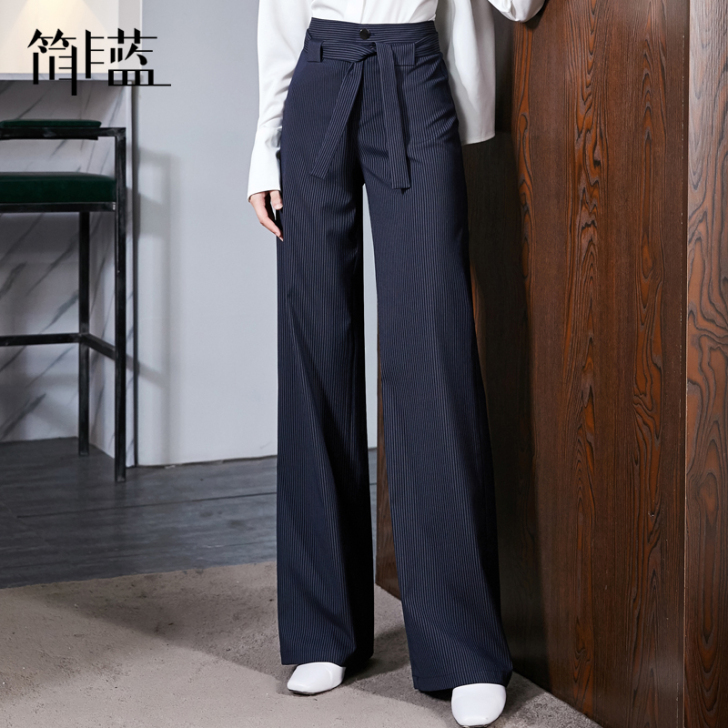 简非蓝条纹长裤藏蓝色垂坠感阔腿裤女高腰直筒...