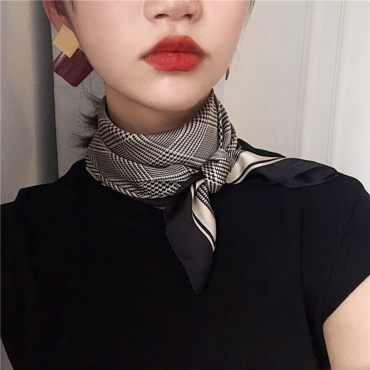 复古千鸟格小方巾女薄丝巾春秋冬季新款围脖韩...