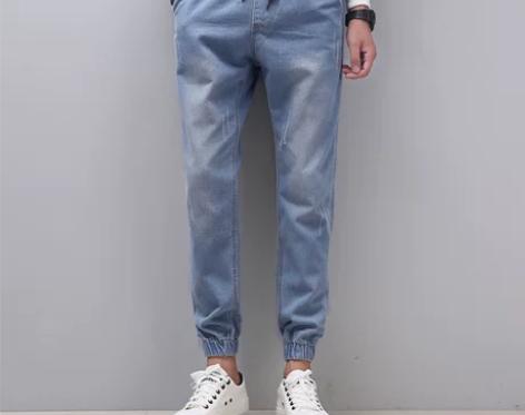 秋冬季男士宽松束脚牛仔裤大码收脚哈伦裤松紧...