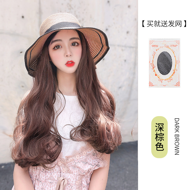 渔夫帽子假发一体时尚女夏天网红款长卷发防晒...