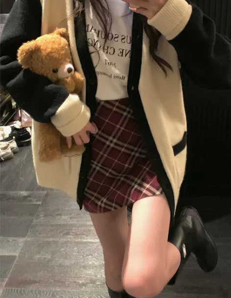 学院风红色格子半身裙女秋冬小个子高腰a字裙...